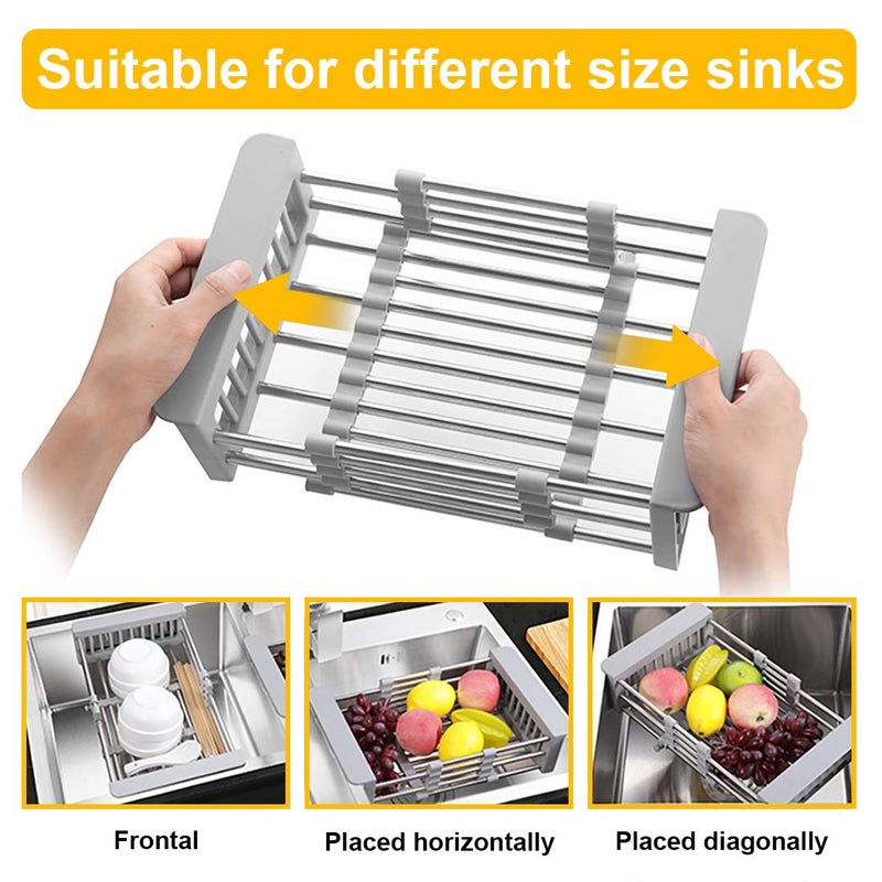 LUEXBOX Expandable Dish Drying Rack Over The Sink, Stainless Steel Drainer Basket with Adjustable Arms for Vegetable and Fruit (Grey) - Image 3